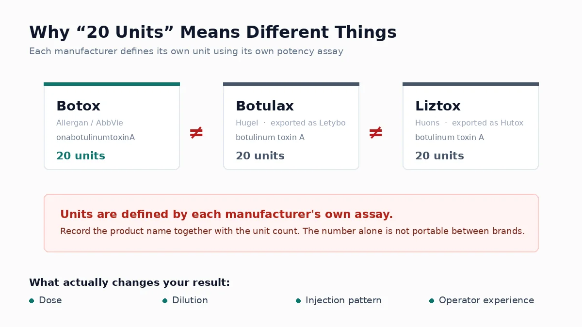 Diagram showing that botulinum toxin units are not interchangeable between Botox, Botulax and Liztox