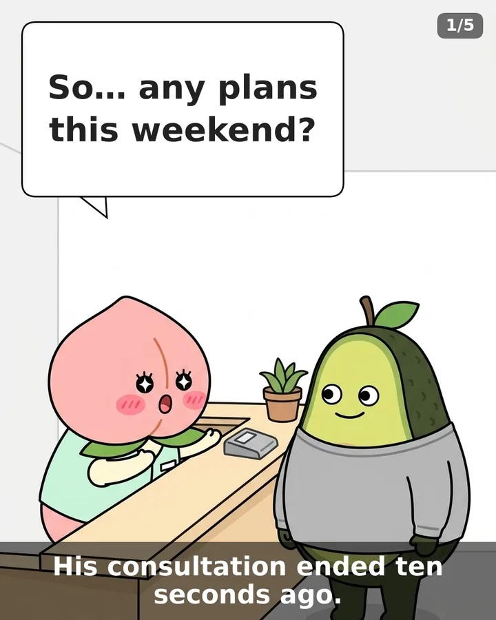 Comic: a peach at the front desk and an avocado patient flirt through the doctor