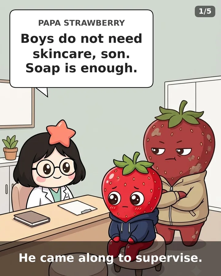 Comic: a strawberry dad tells his son soap is enough at a skin clinic