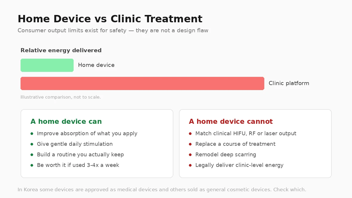 Comparison of what home beauty devices can and cannot do versus clinic treatments