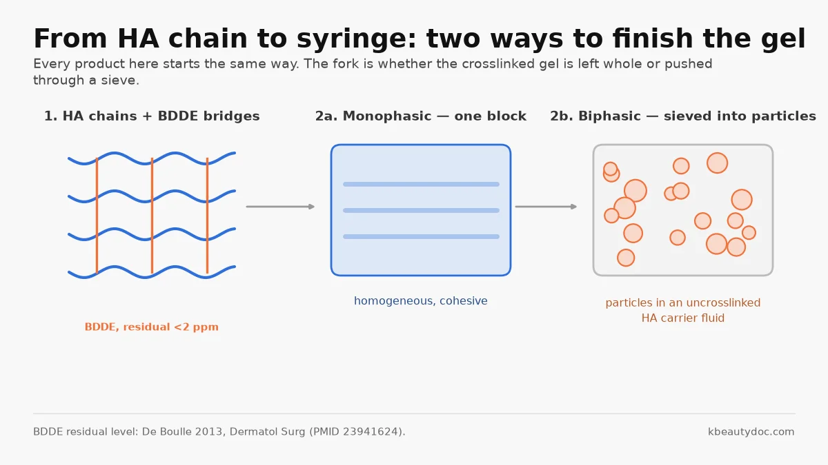 Diagram comparing monophasic and biphasic hyaluronic acid filler gel structure and BDDE crosslinking