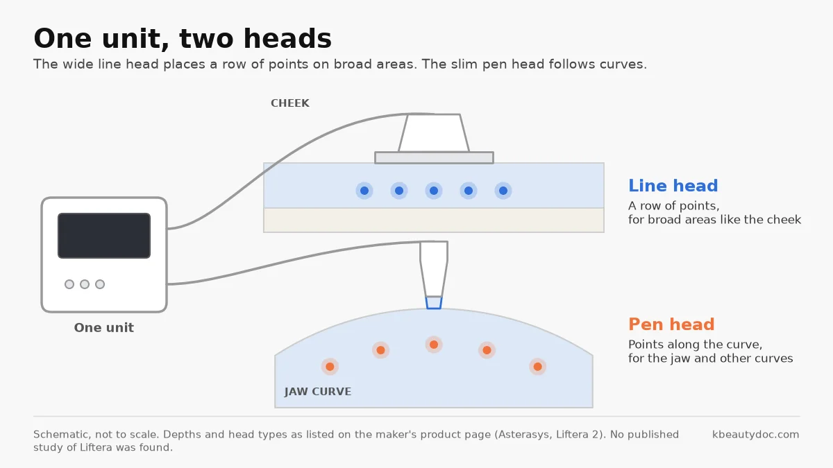 One ultrasound lifting device with two interchangeable heads: a wide line head placing a row of heat dots on the cheek, and a slim pen head placing dots along the curve of the jaw