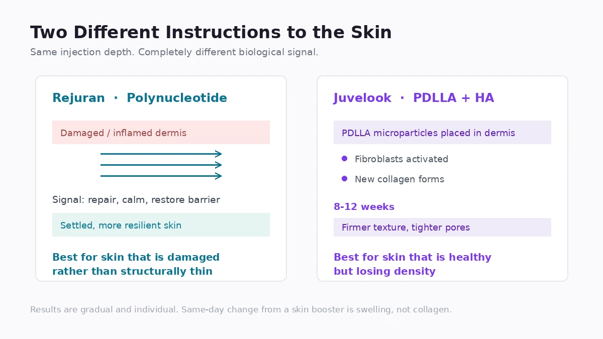 Diagram comparing how Rejuran polynucleotides and Juvelook PDLLA act on the skin