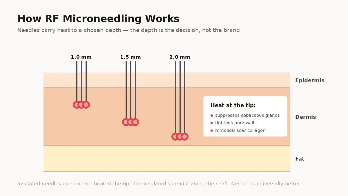 Diagram showing how RF microneedling delivers heat into the dermis at a set depth