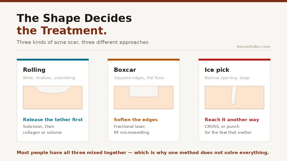The three shapes of acne scarring and how each is treated