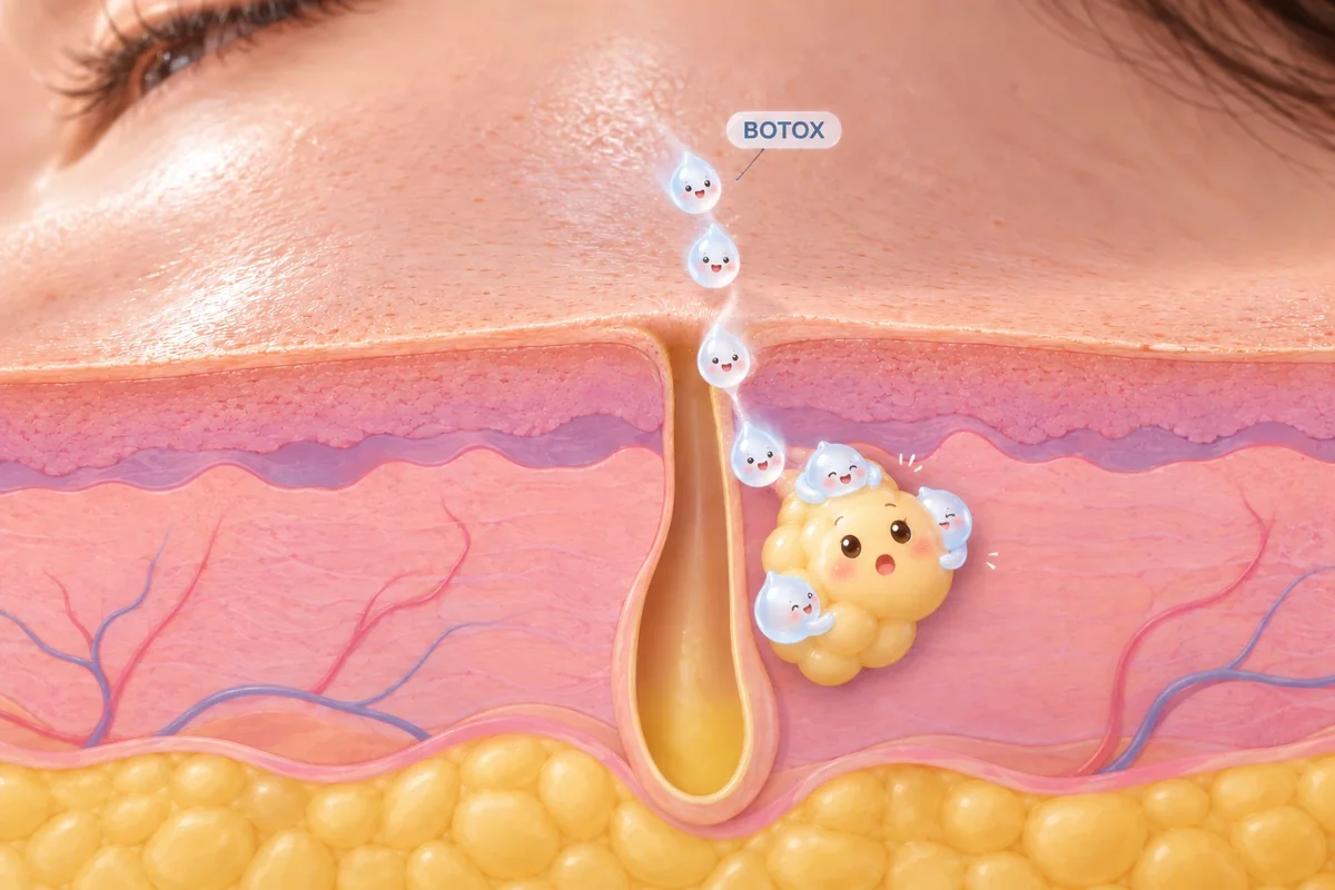 Skin botox illustrated as small droplet characters travelling down the pore to calm the oil gland, labelled BOTOX