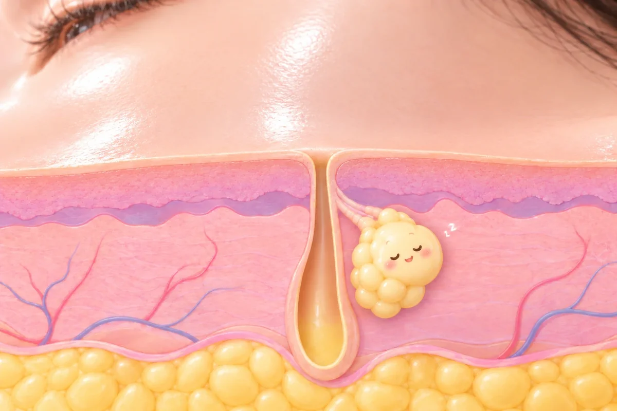 The same cheek after skin botox: a smooth glass-like glossy surface and a calm, sleepy oil gland