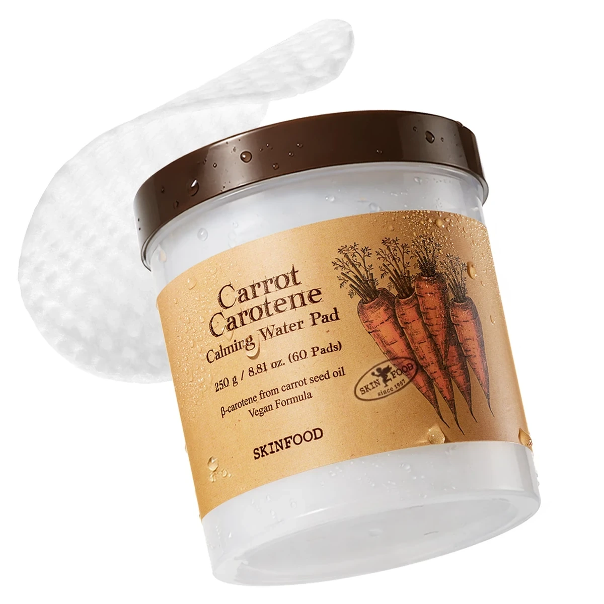 Skinfood Carrot Carotene Calming Water Pad — jar of 60 cotton pads soaked in a watery lotion