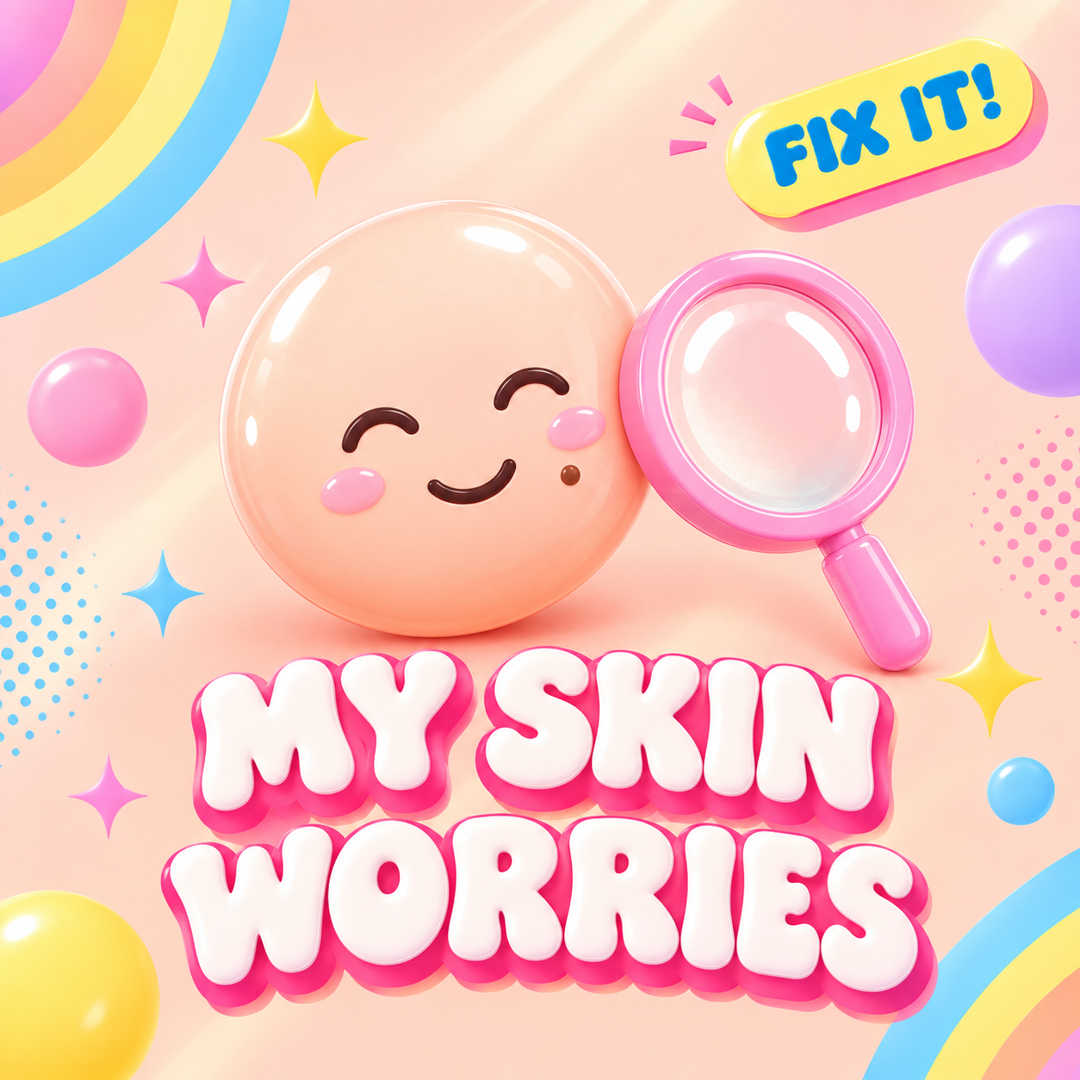 Cartoon face with one blemish next to a magnifying glass, label My Skin Worries
