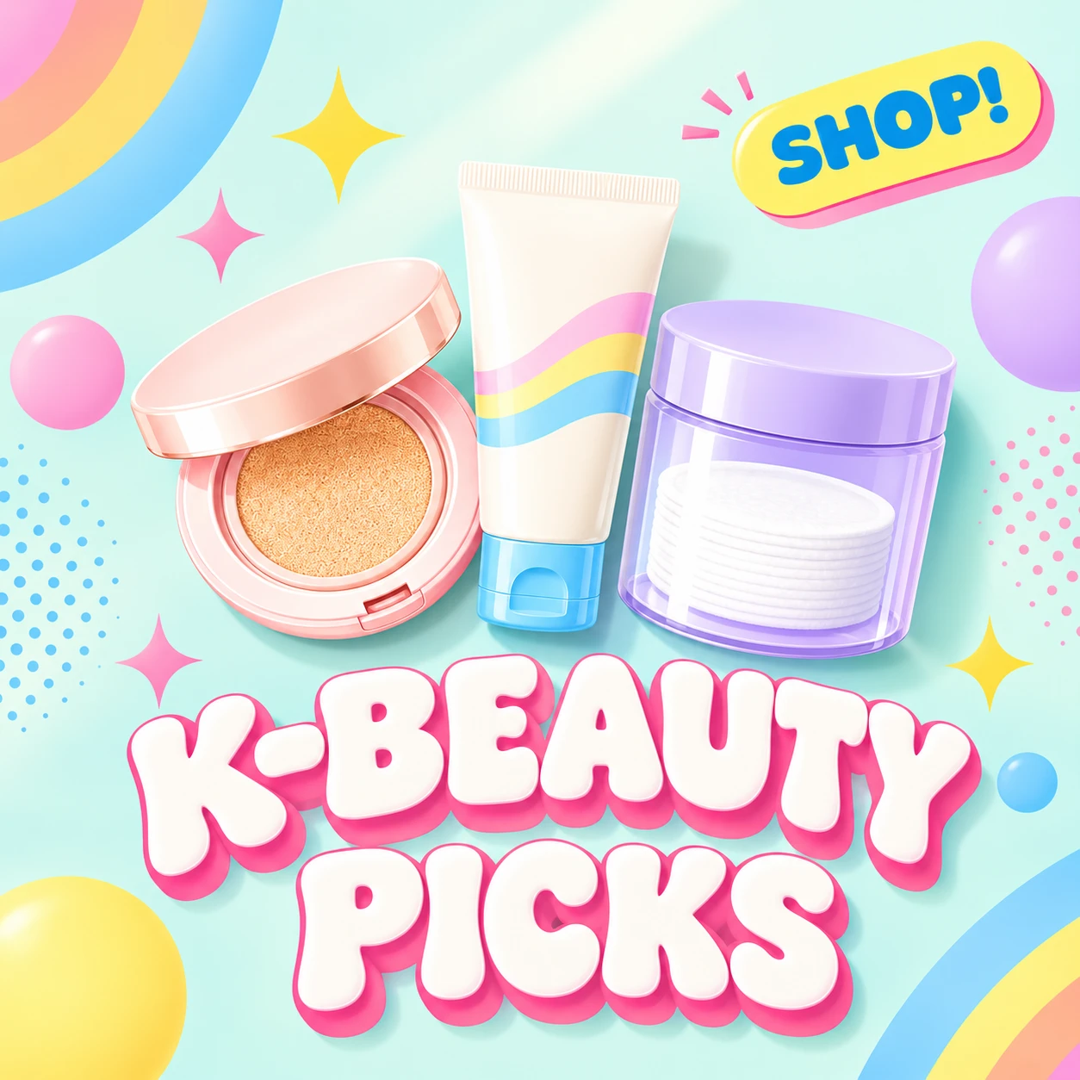 Cushion compact, tube, and toner pad jar icons, label Olive Young Picks