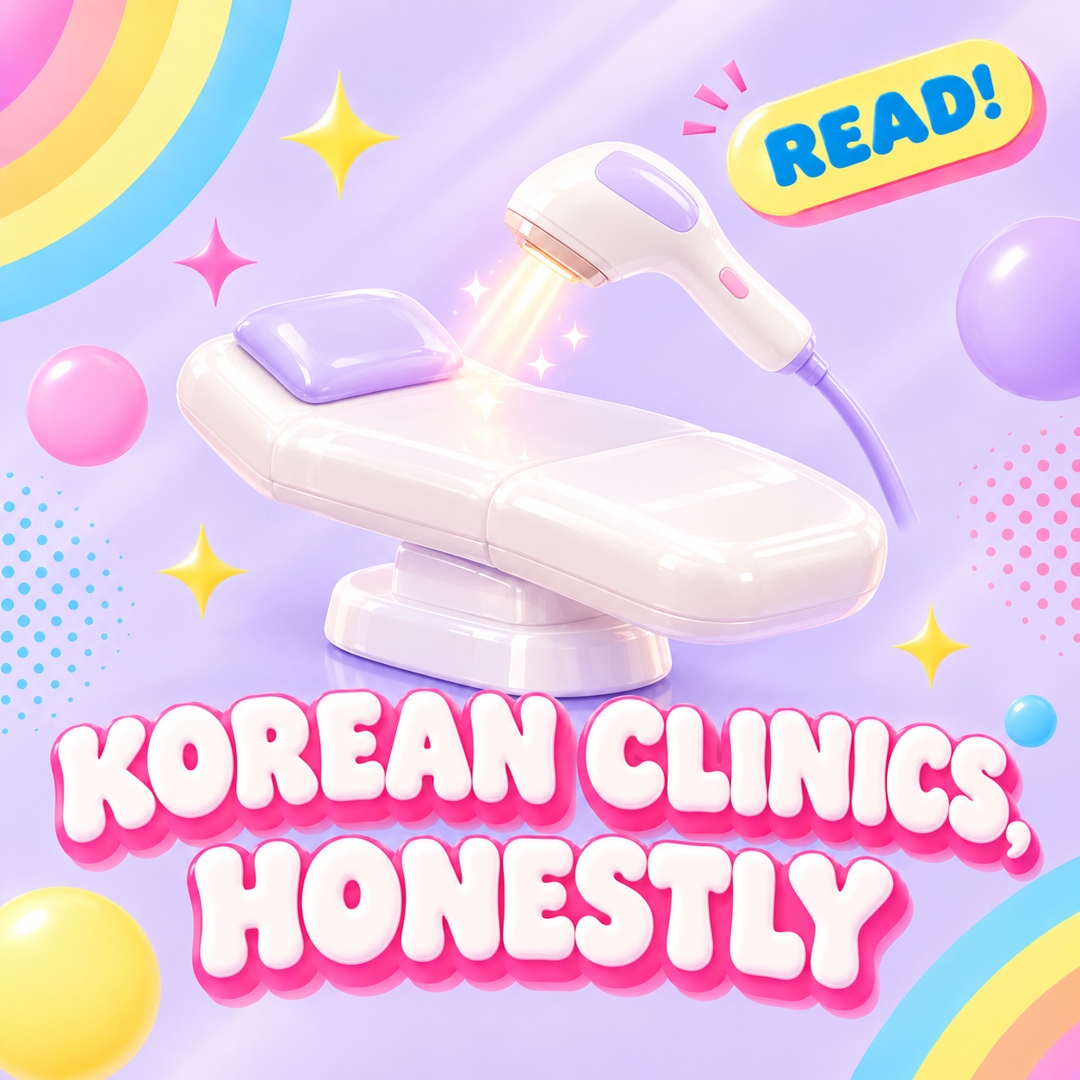 Treatment bed and laser handpiece icons, label Korean Clinics, Honestly