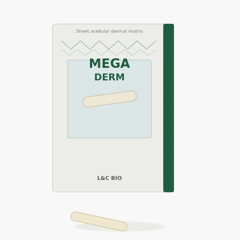 Illustration of MegaDerm sheet acellular dermal matrix in its sterile package, L&C Bio