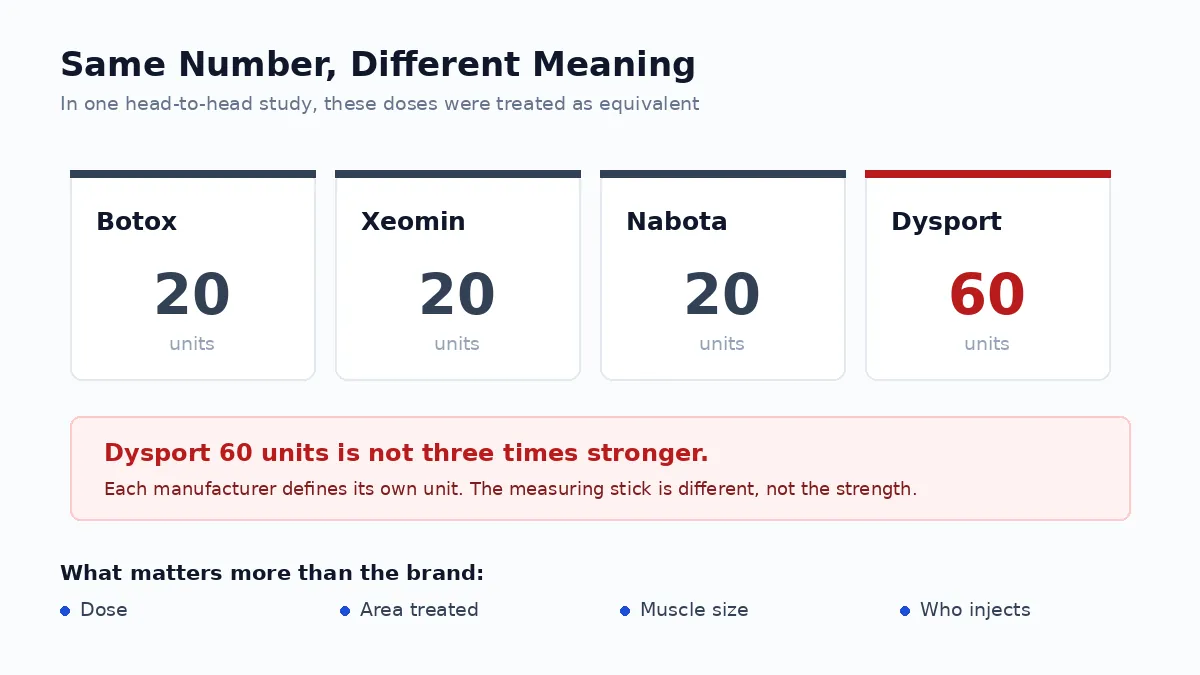 Botulinum toxin units are not interchangeable between Dysport, Xeomin, Nabota and Coretox