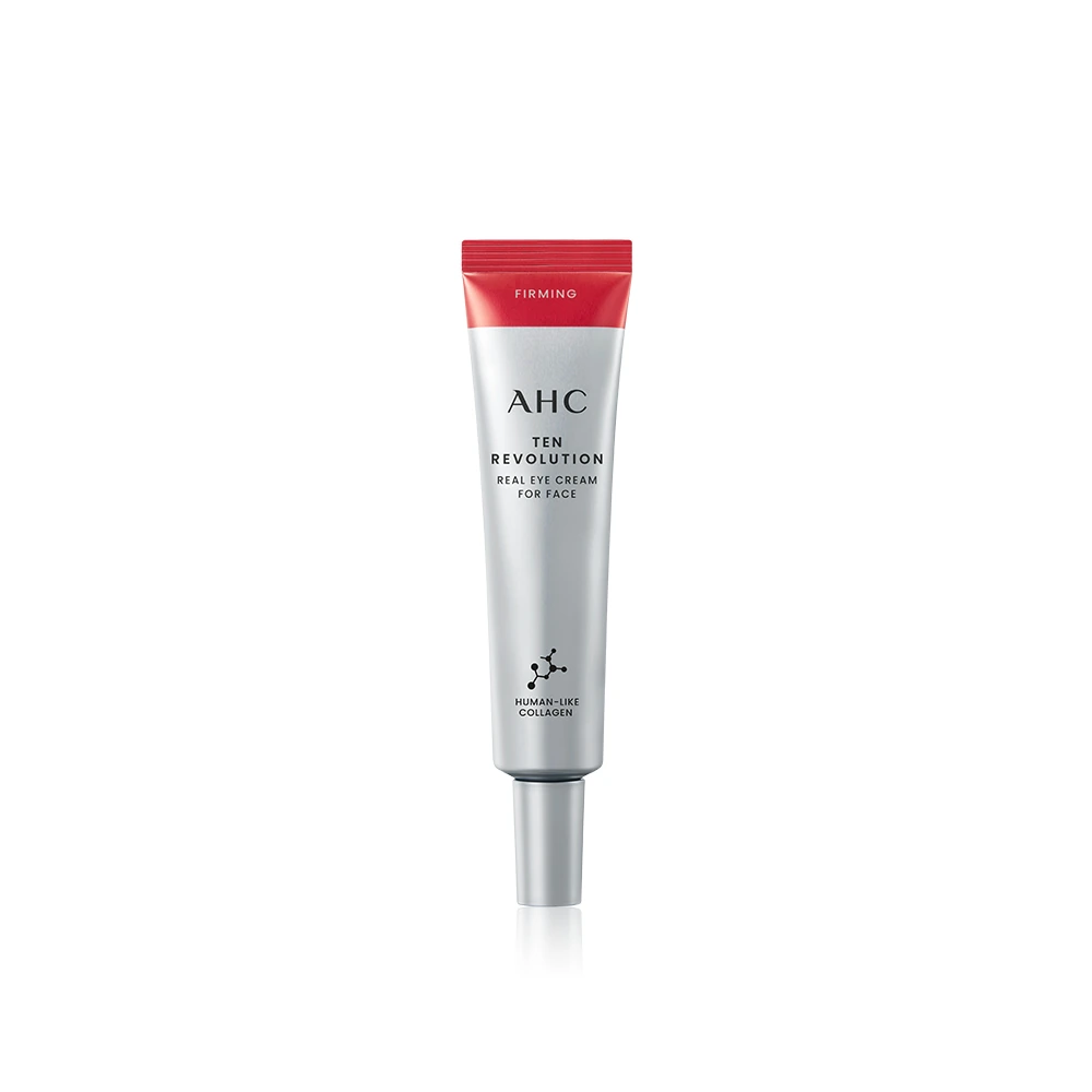 AHC Ten Revolution Real Eye Cream for Face, a silver tube with a red cap labelled Firming and Human-Like Collagen
