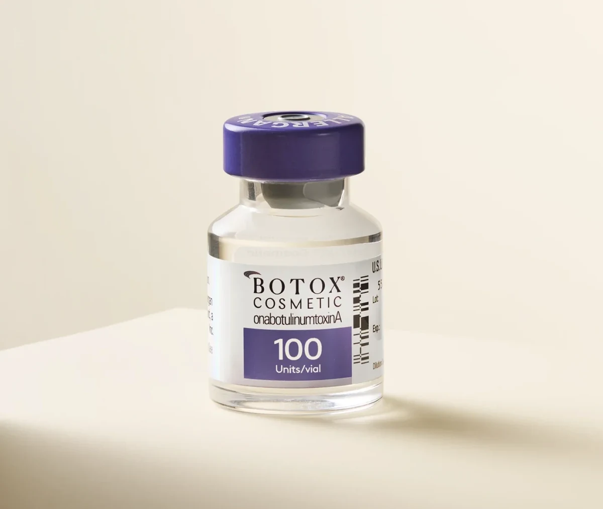 BOTOX Cosmetic 100 unit vial with a purple cap, the powder form that is mixed with saline before use