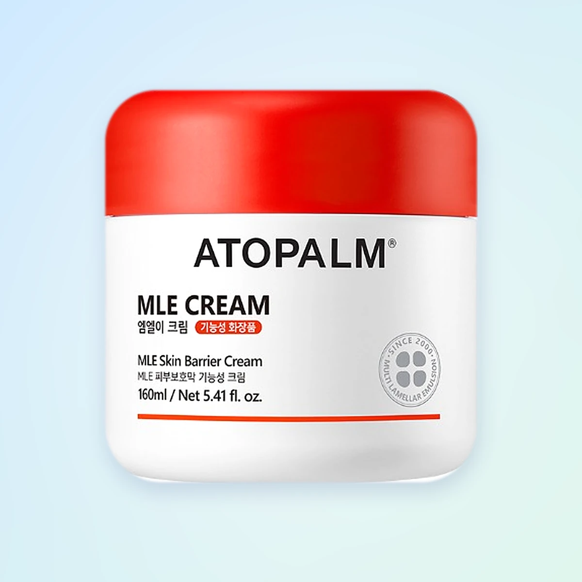 Atopalm MLE Cream 160 ml, a Korean skin-barrier moisturiser, in its white jar with a red lid