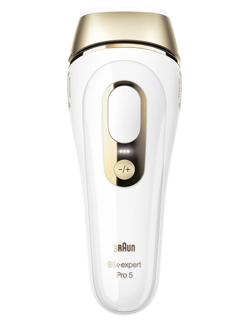 Braun Silk·expert Pro 5 IPL hair removal device, the white and gold handset with its flash button and intensity button