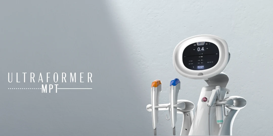 Classys Ultraformer MPT ultrasound lifting device, a white stand with a touchscreen for settings and colour-tipped handpieces