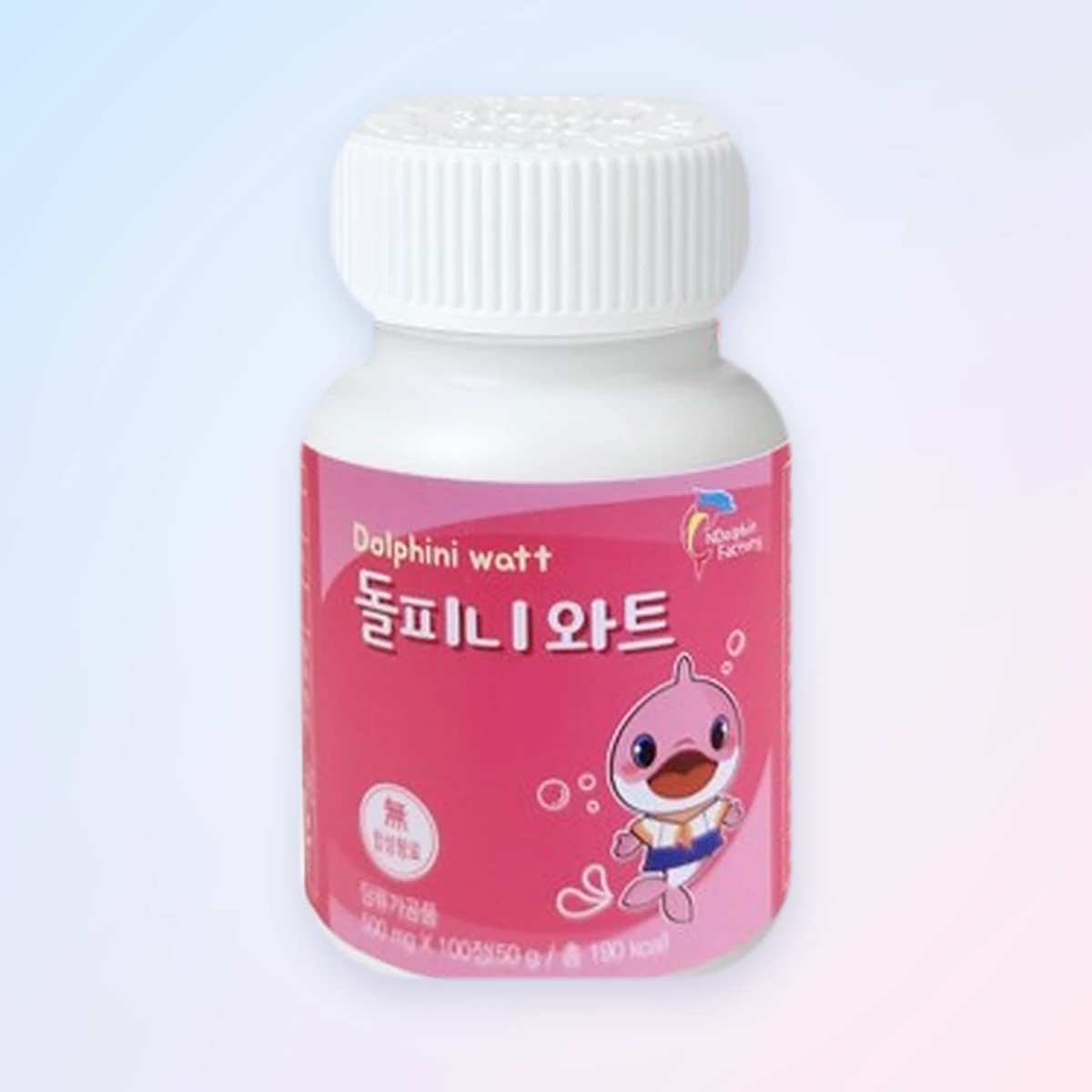 Dolphini Wart, a Korean Job's tears chewable for children: the white bottle with a pink label and a cartoon dolphin