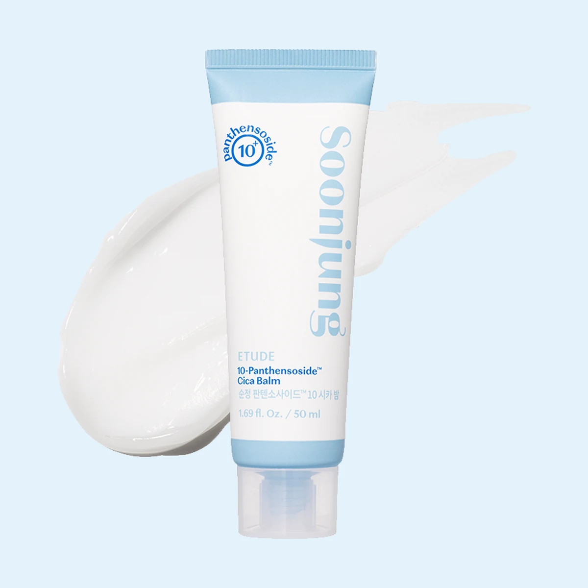 ETUDE SoonJung 10-Panthensoside Cica Balm, the white and sky-blue 50 ml tube beside a swatch of its white, creamy balm texture
