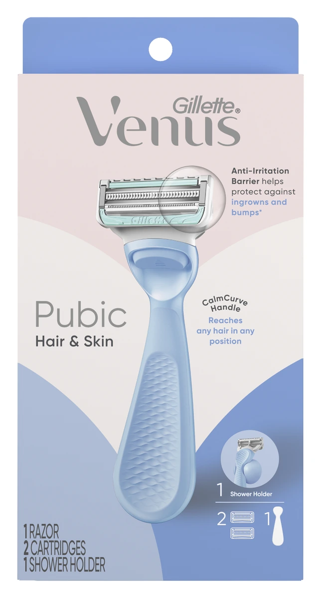 Gillette Venus Pubic Hair & Skin Razor, a light blue razor with a small blade head, in its box
