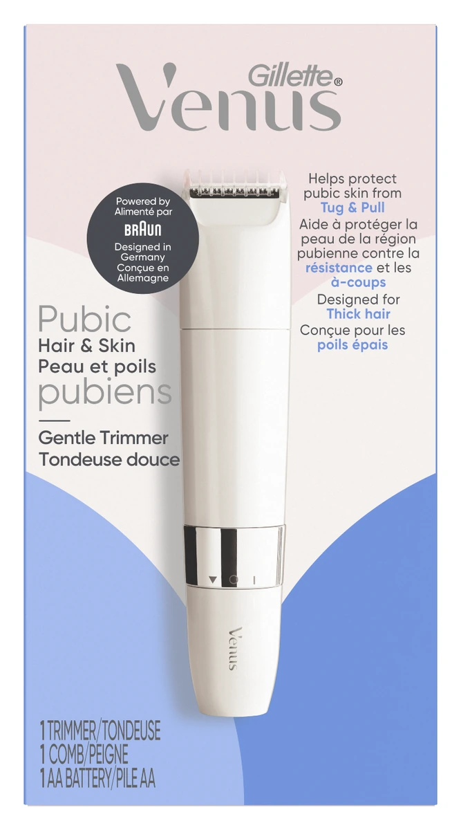 Gillette Venus Pubic Hair & Skin Gentle Trimmer, a white pen-shaped bikini trimmer in its pink and blue box