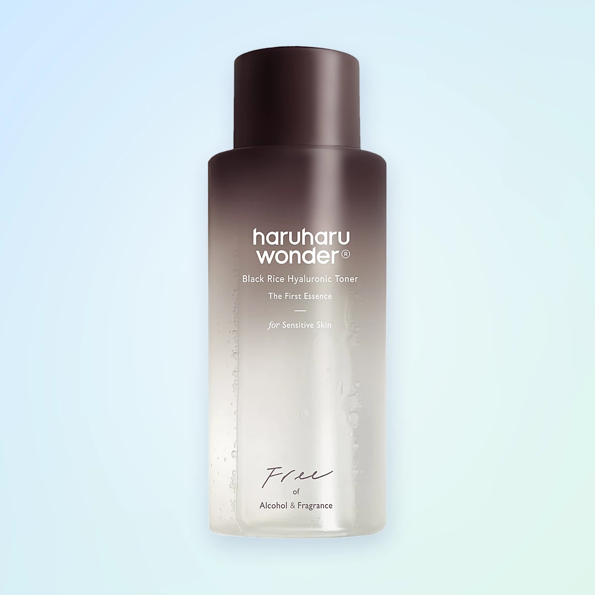haruharu wonder Black Rice Hyaluronic Toner for Sensitive Skin, the 150 ml brown-to-clear bottle marked free of alcohol and fragrance, front view