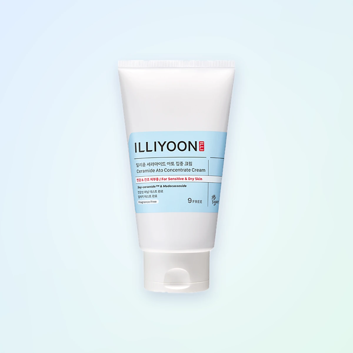 ILLIYOON Ceramide Ato Concentrate Cream, the white tube with a light blue label marked fragrance free, for sensitive and dry skin