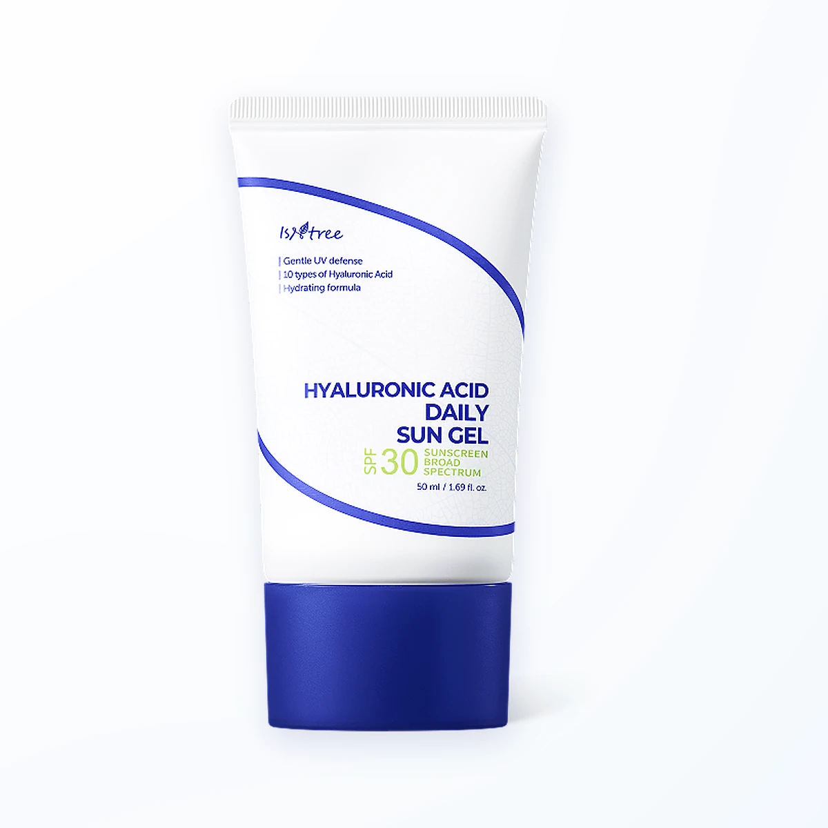 ISNTREE Hyaluronic Acid Daily Sun Gel SPF 30, a white 50 ml tube with a navy cap, front view