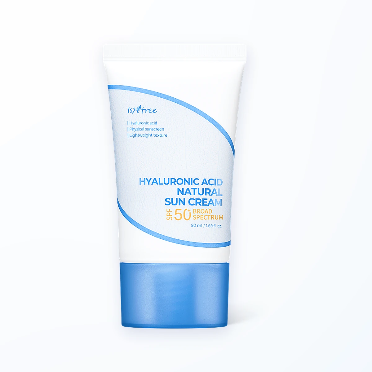 ISNTREE Hyaluronic Acid Natural Sun Cream SPF 50, a white and blue 50 ml mineral sunscreen tube marked physical sunscreen, front view