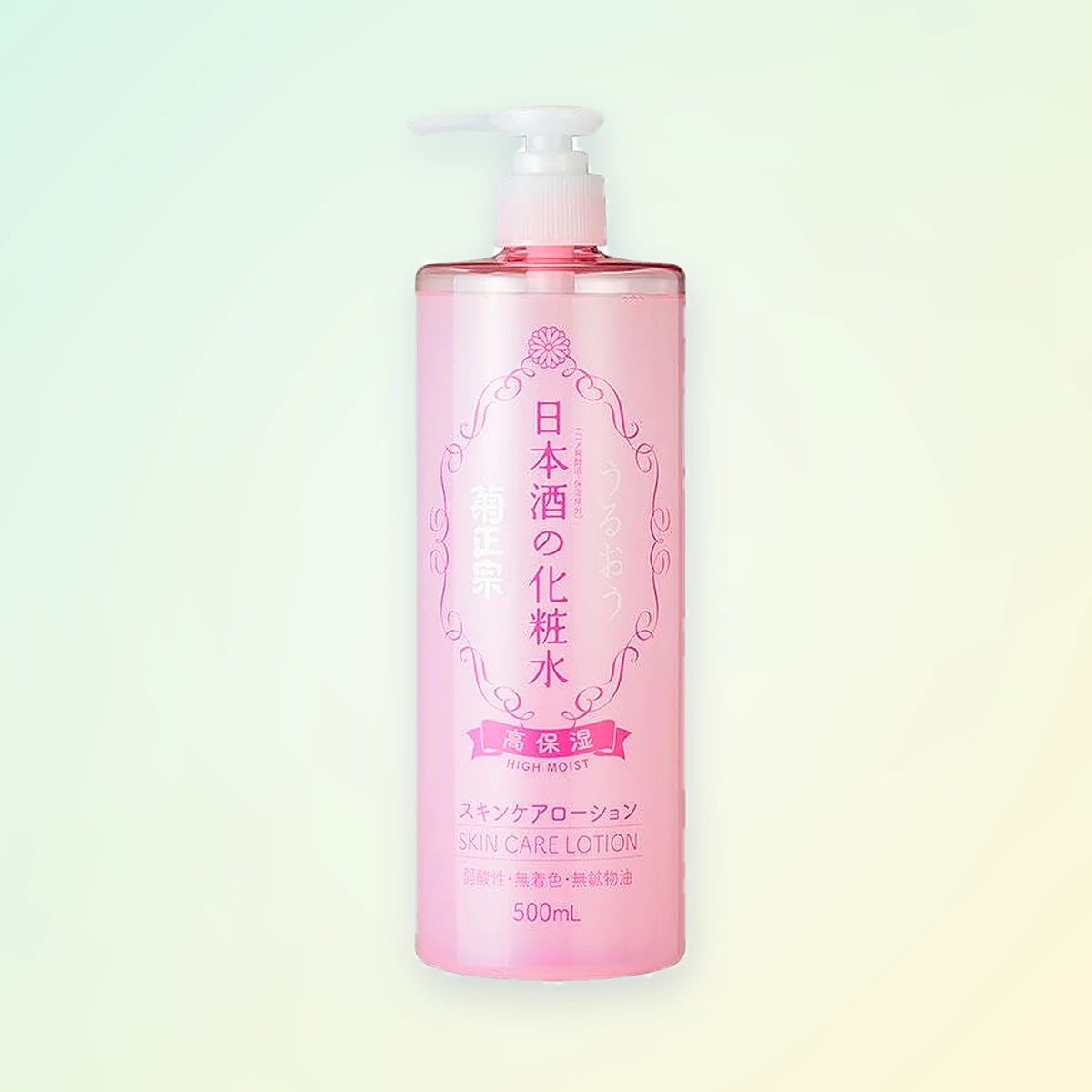 Kikumasamune Sake Lotion High Moist, the 500 ml pink pump bottle of Japanese sake skin care lotion, front view