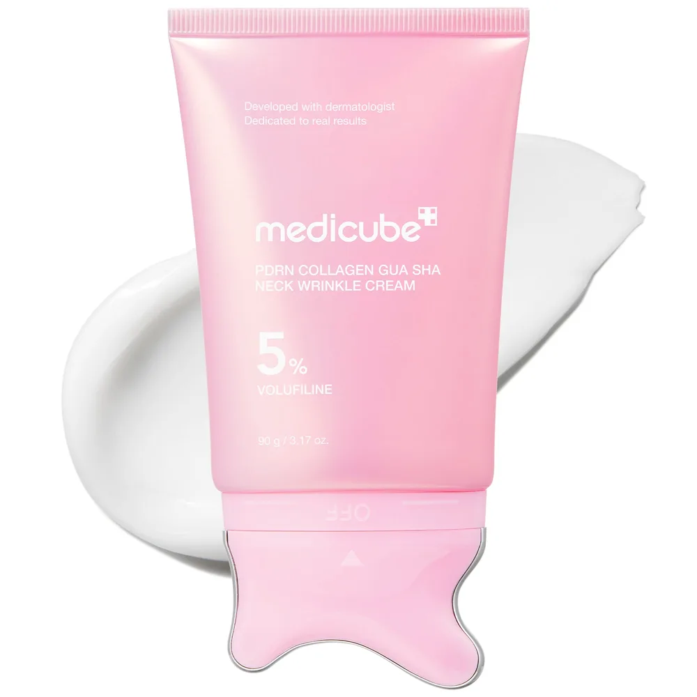 medicube PDRN Collagen Gua Sha Neck Wrinkle Cream, a pink tube labelled Volufiline 5%, next to a swipe of white cream