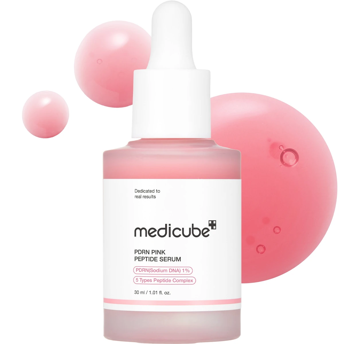 medicube PDRN Pink Peptide Serum, the pink dropper bottle labelled PDRN (Sodium DNA) 1% and 5 Types Peptide Complex