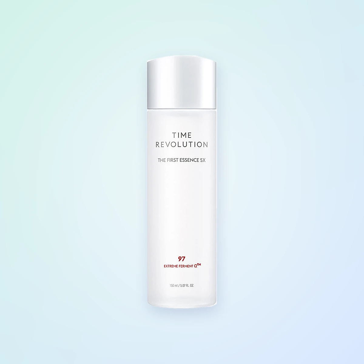 MISSHA Time Revolution The First Essence 5X, the 150 ml frosted white bottle with a silver cap and red 97 Extreme Ferment label, front view