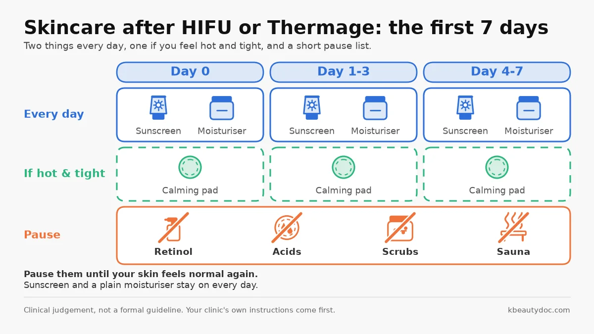 Seven-day skincare plan after a heat-based lifting treatment such as HIFU, Thermage or Titanium: sunscreen and a plain moisturiser every day, a calming pad on warm days, and retinol, acids, scrubs and sauna paused until the skin feels normal