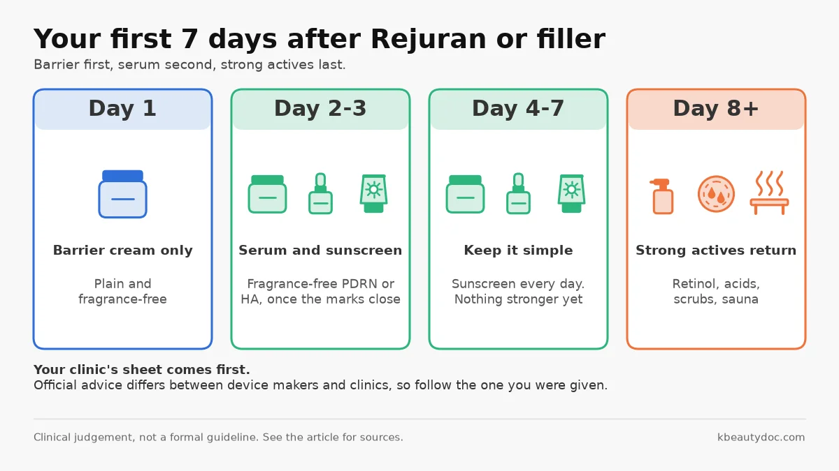 Seven-day skincare timeline after Rejuran, Juvelook or filler injections: day 1 plain barrier cream only, days 2 to 3 add a fragrance-free PDRN serum once marks close, daily sunscreen, retinol, acids and sauna back after day 7