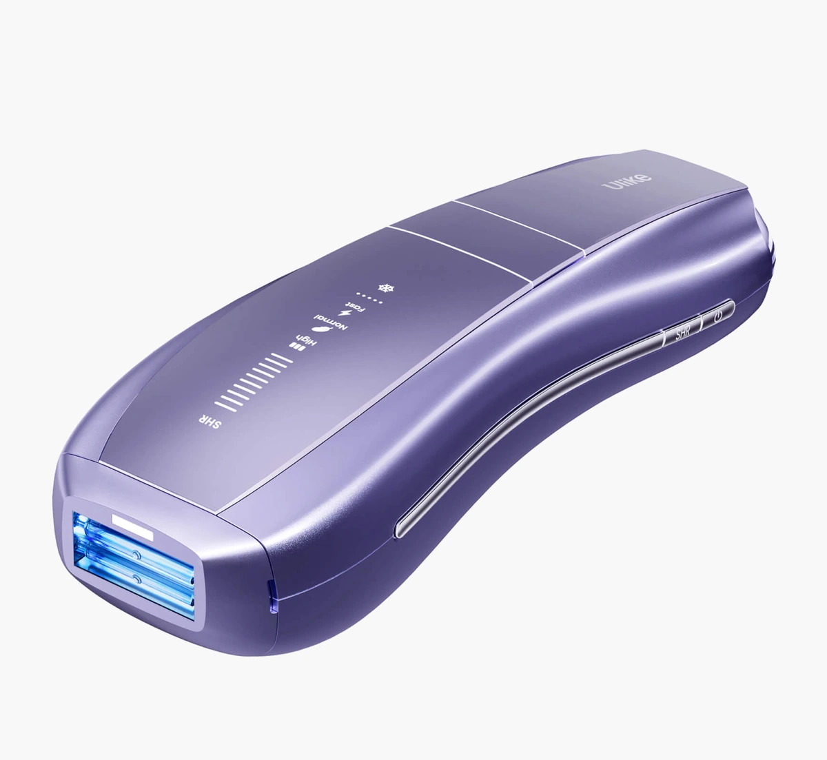 Ulike Air 10 IPL hair removal device in purple, showing the flash window at the front and the SHR intensity scale on top